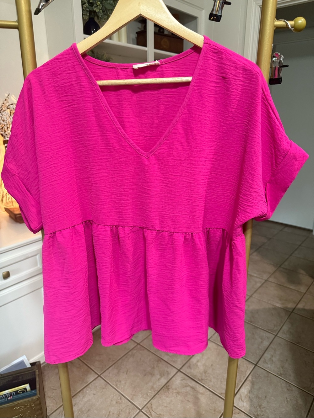 Entro Hot Pink Babydoll V Neck Blouse Size Large